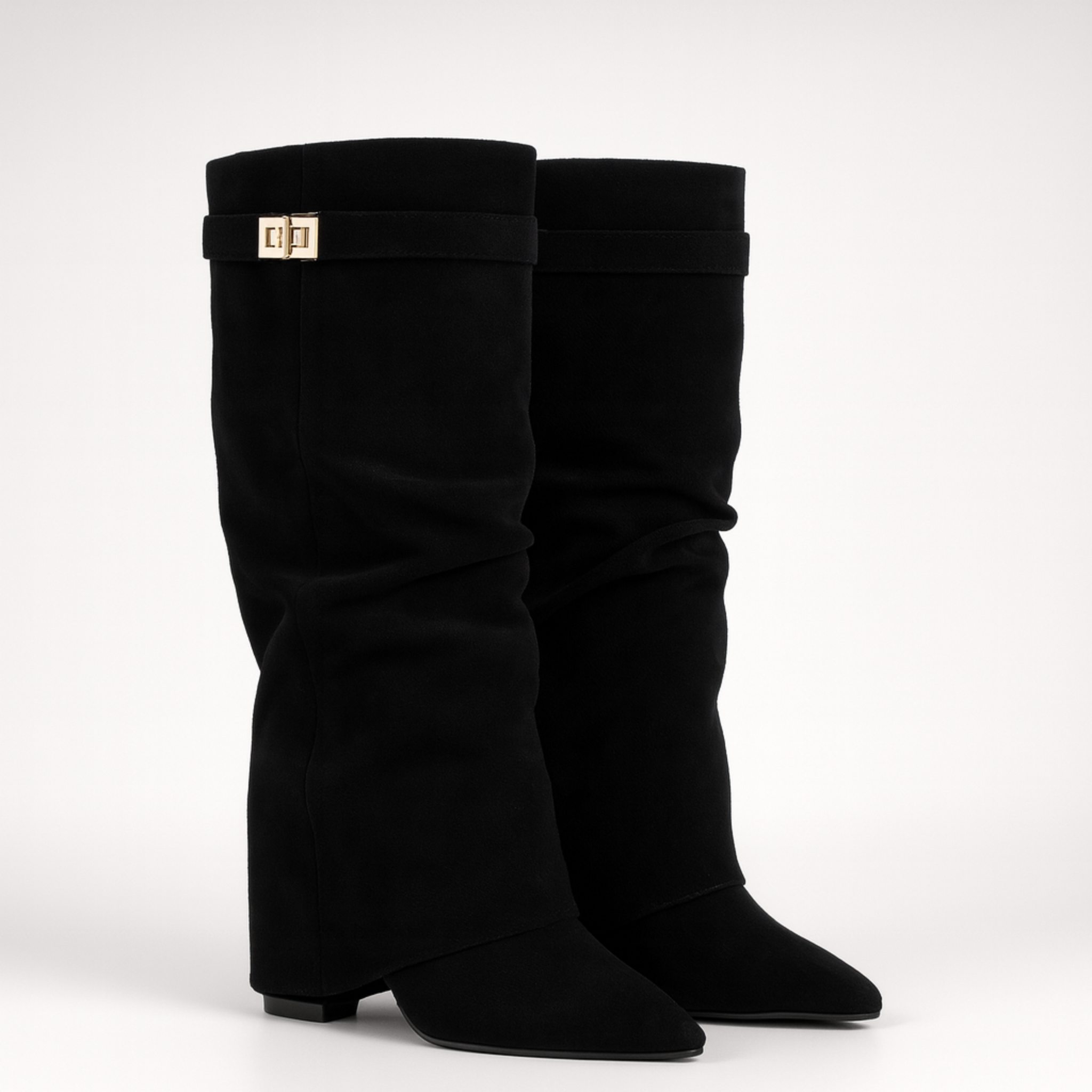 Straight Pleated Metal Buckle Middle Boots Female