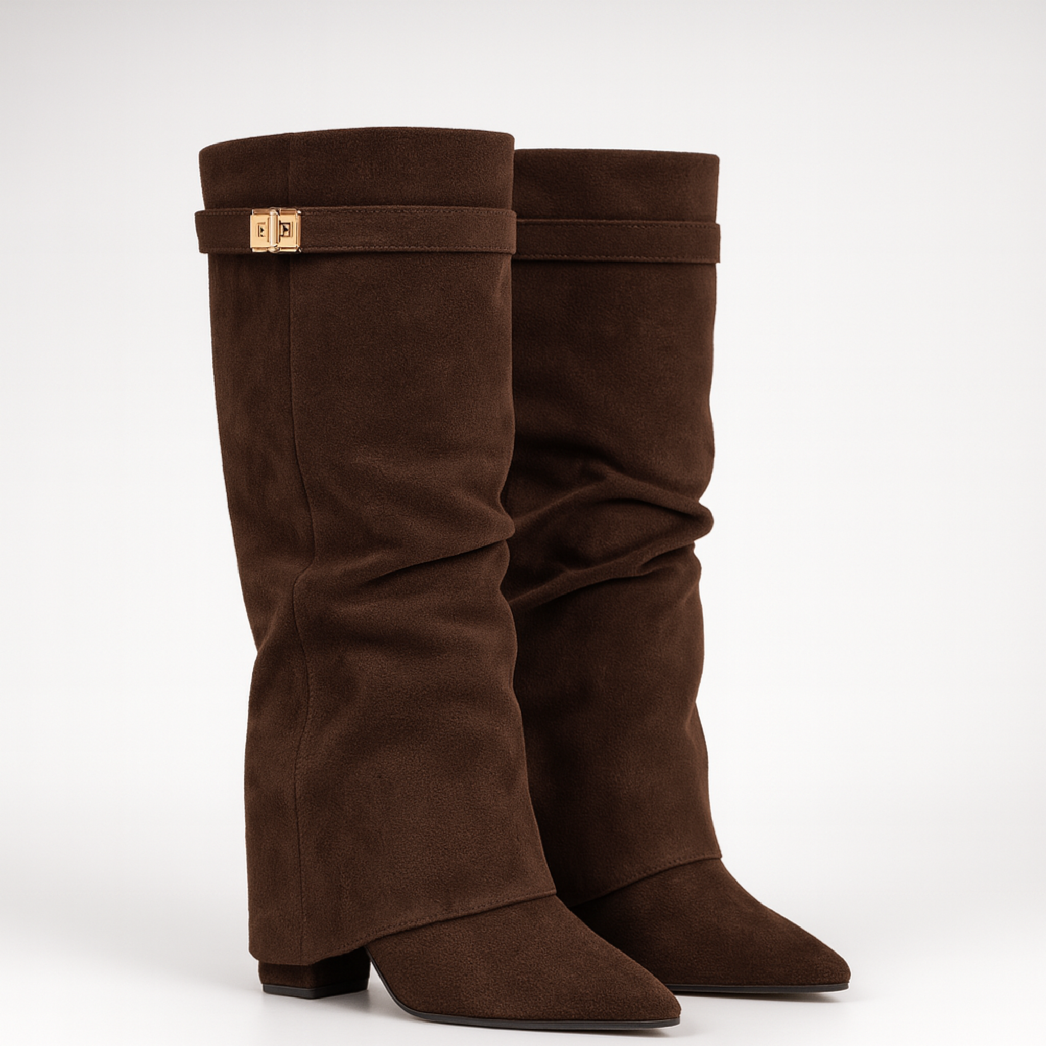 Straight Pleated Metal Buckle Middle Boots Female